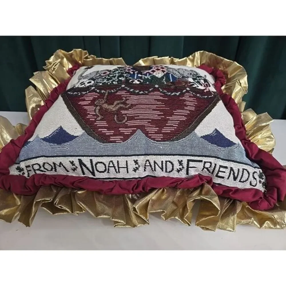 Noah's‎ Ark Tapestry Throw Pillow Gold Ruffle 